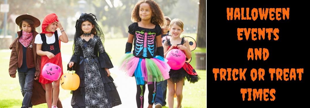 Children in Costumes Trick or Treating and Black Background with Orange Halloween Events and Trick or Treat Times Text