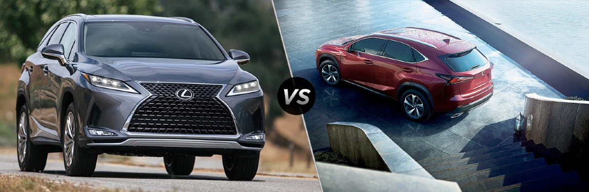 2020 Lexus RX 350 and 2020 Lexus NX 300, separated by a diagonal line and a "VS" logo.