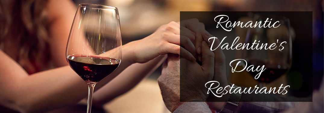 Couple Holding Hands at Dinner with Wine and a Black Text Box with White Romantic Valentine's Day Restaurants Script