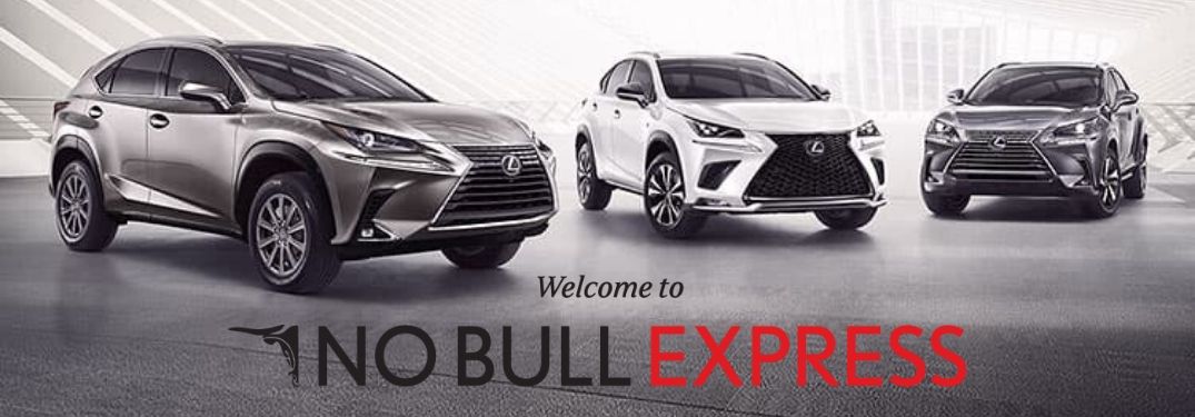 Three Lexus Crossover Models in Modern Building with Black and Red Welcome To No Bull Express Text with Black Bull Head