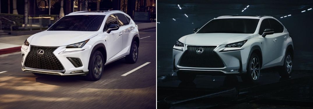 White 2021 Lexus NX Front Exterior on City Street vs White 2020 Lexus NX Front Exterior on a Road at Night