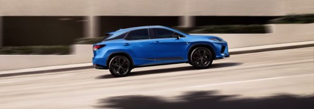 Blue 2021 Lexus RX 350 F Sport Black Line Special Edition Side Exterior on a Freeway