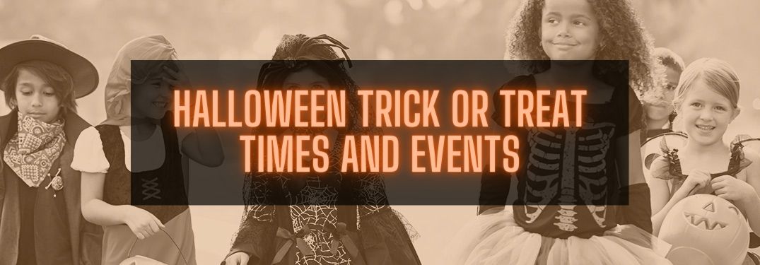 Kids in Costumes Trick or Treating with Orange Halloween Trick or Treat Times and Events Text