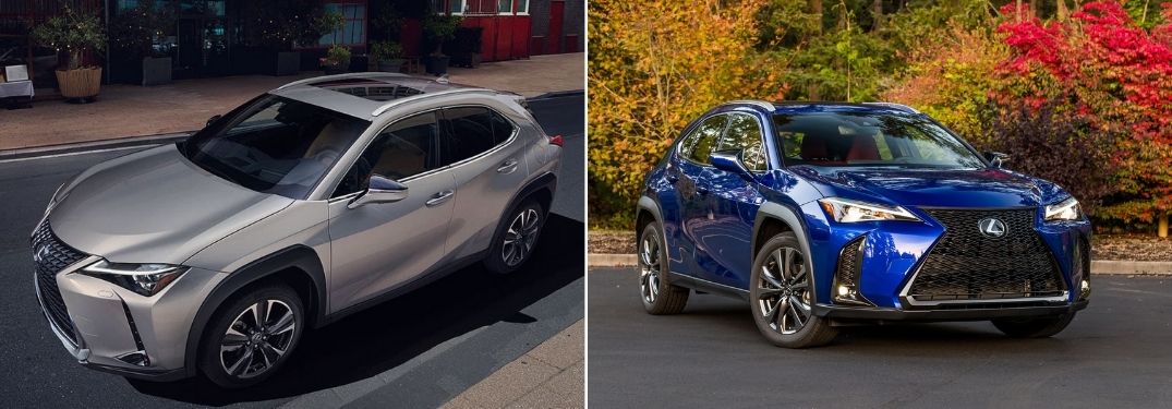Silver 2021 Lexus UX Front Exterior on a City Street vs Blue 2020 Lexus UX Front Exterior in a Driveway