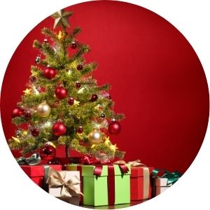 Christmas Tree and Gifts on a Red Background
