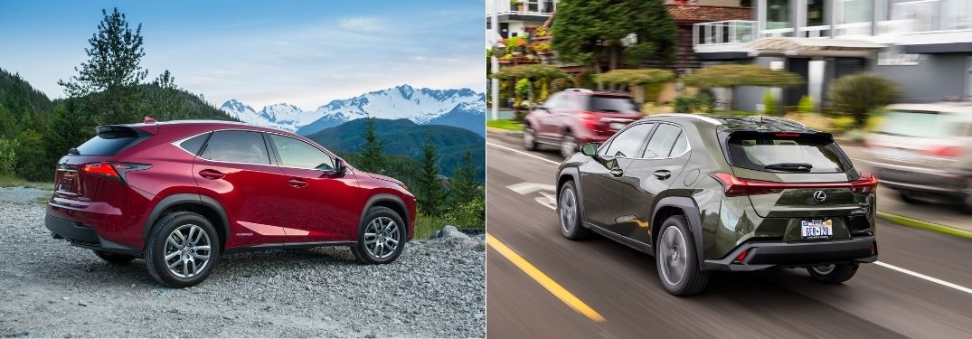 Red 2021 Lexus NX Rear Exterior in the Mountains vs Green 2021 Lexus UX Rear Exterior on a City Street