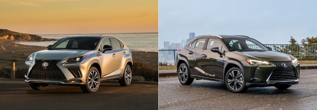 Silver 2021 Lexus NX Front Exterior at Sunset vs Green 2021 Lexus UX Front Exterior in a Parking Lot