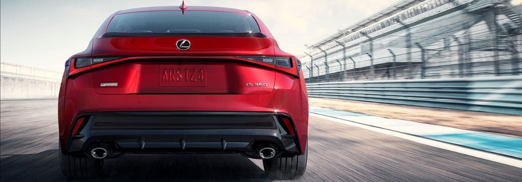 Red 2021 Lexus IS F Sport Rear Exterior on a Track