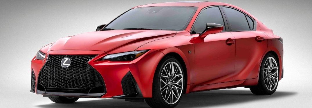 Red 2022 Lexus IS 500 F Sport Performance Front and Side Exterior on a Light Background