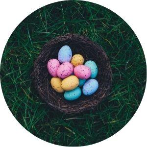 Easter Eggs in a Basket in the Grass