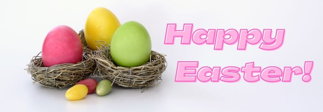Colorful Easter Eggs in Baskets on a White Background with Pink Happy Easter Text