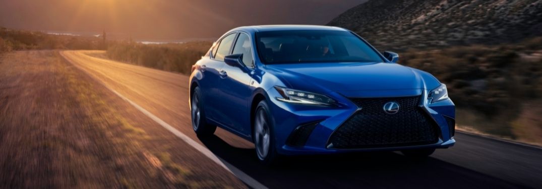 Blue 2022 Lexus ES on a Desert Road at Sunset