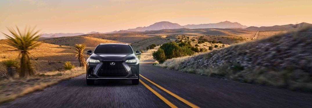 Black 2022 Lexus NX Front Exterior on Desert Highway