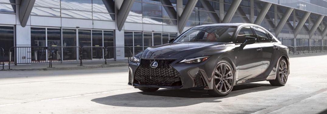 Gray 2022 Lexus IS Front Exterior on a City Street