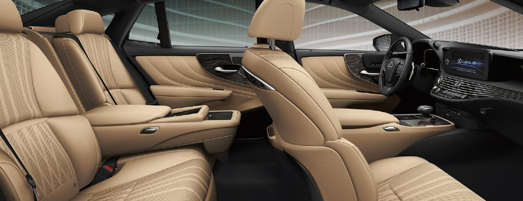 The tan leather interior of a 2022 Lexus LS, as seen from the side