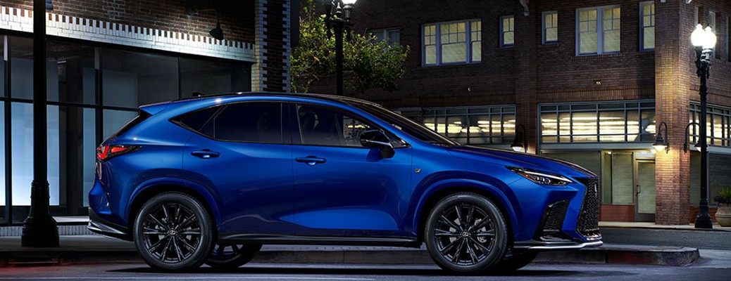 A side view of the new 2022 Lexus NX Hybrid in blue
