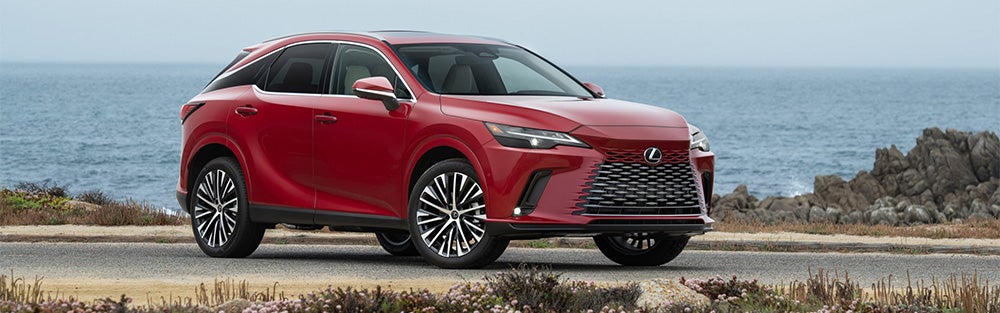 Red Lexus RX 350h luxury SUV with panoramic moonroof