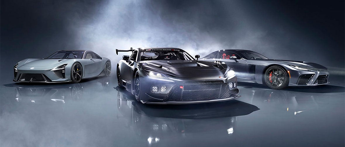 Official photo showing all three vehicles together: the GR GT, the GR GT3 and the Lexus LFA Concept